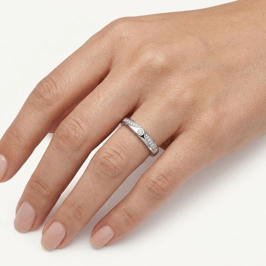 Elegant Silver-Tone Pave Band Ring with Round Accent Stone