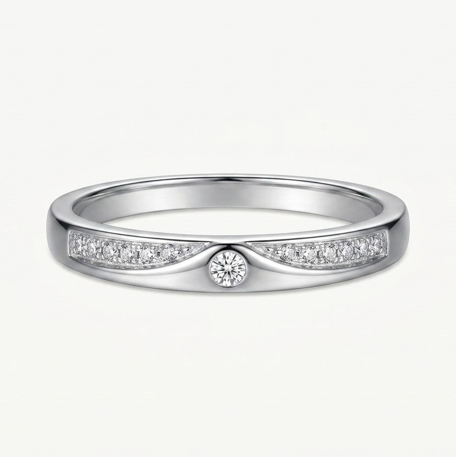 Elegant Silver-Tone Pave Band Ring with Round Accent Stone