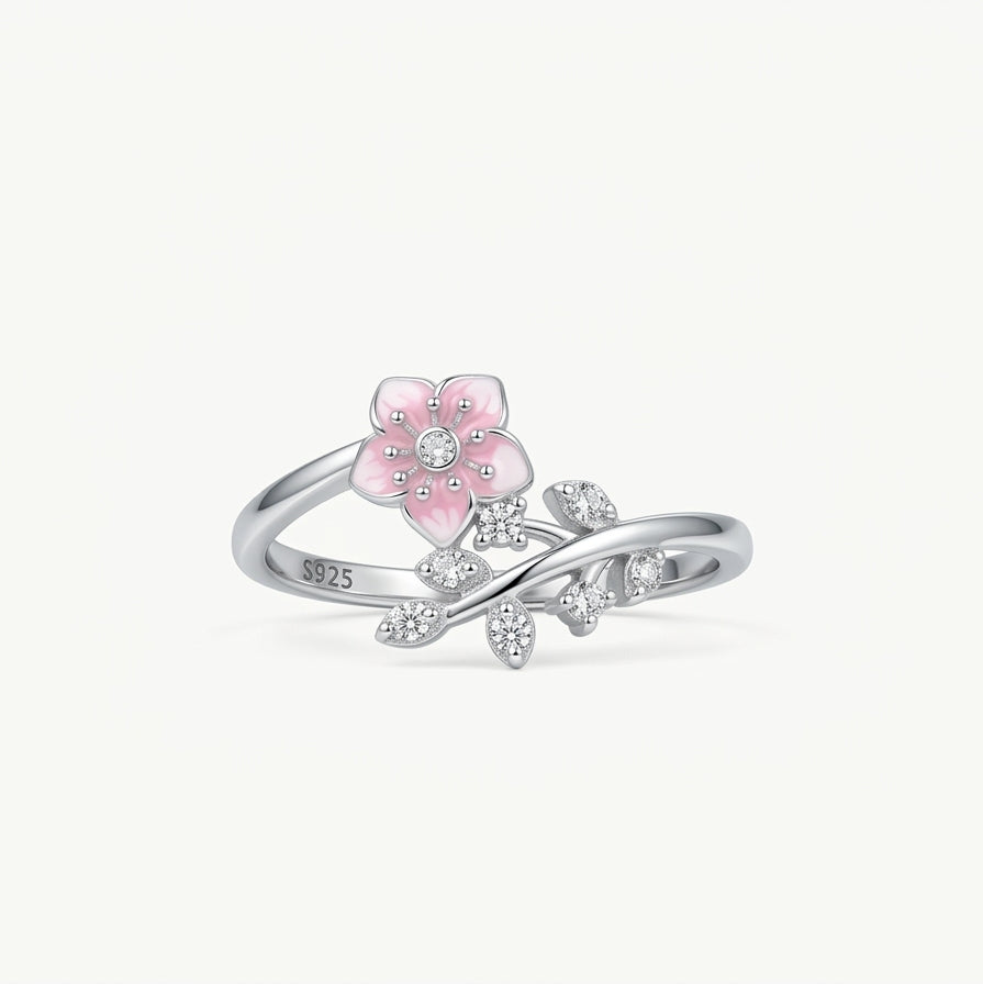 Elegant Silver Floral Ring with Pink Enamel Flower & Crystal Accents for Women