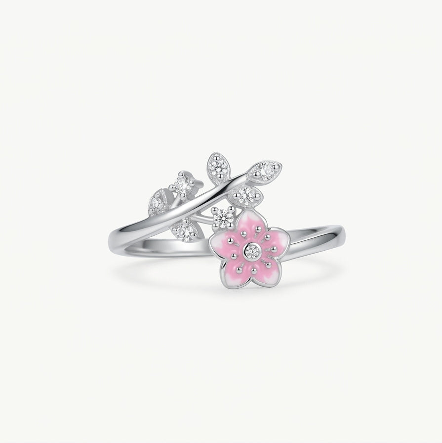 Elegant Silver Floral Ring with Pink Enamel Flower & Crystal Accents for Women
