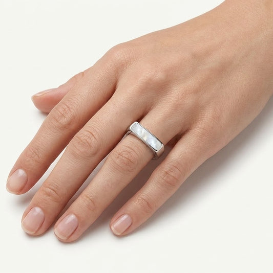 Elegant Mother of Pearl Inlay Silver-Tone Band Ring for Women
