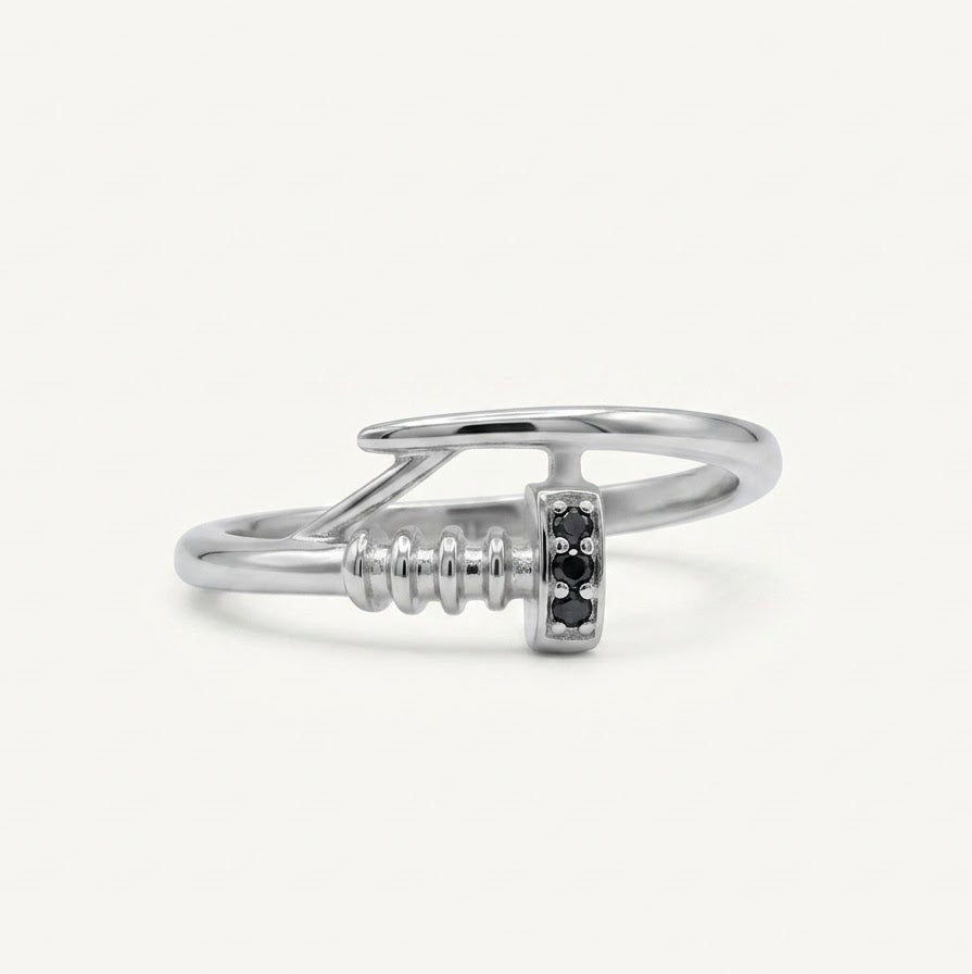 Elegant Silver Hook-Inspired Ring with Black Stone Accents