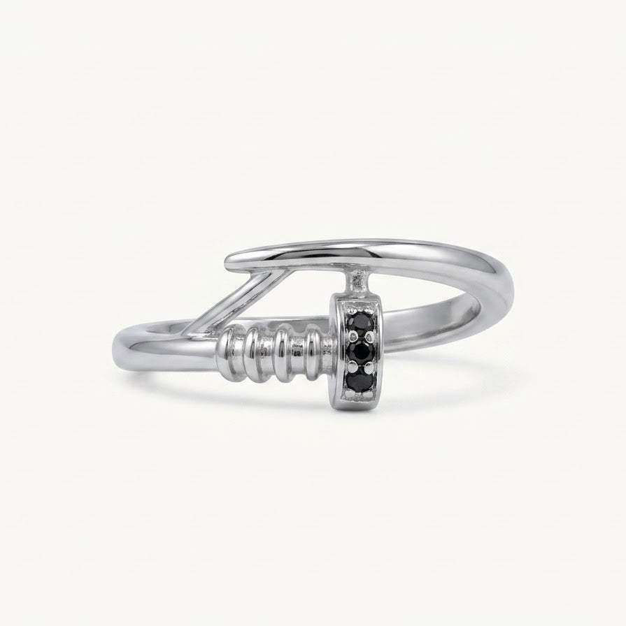 Elegant Silver Hook-Inspired Ring with Black Stone Accents