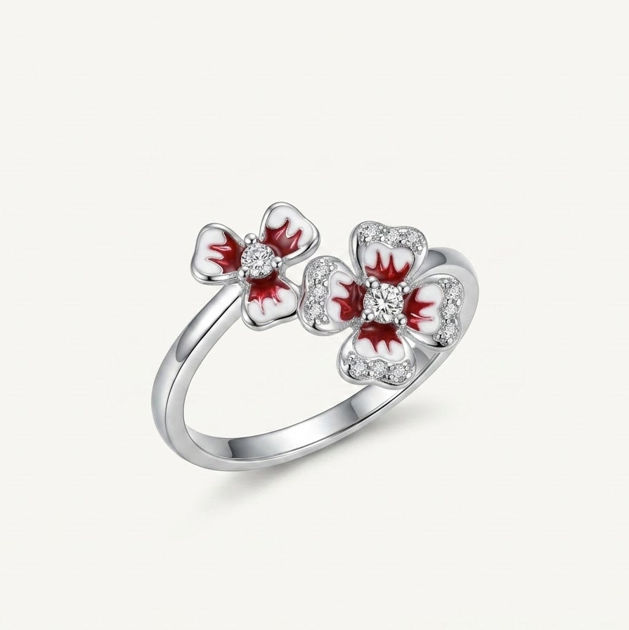 Elegant Silver Floral Enamel Ring with Crystal Accents for Women