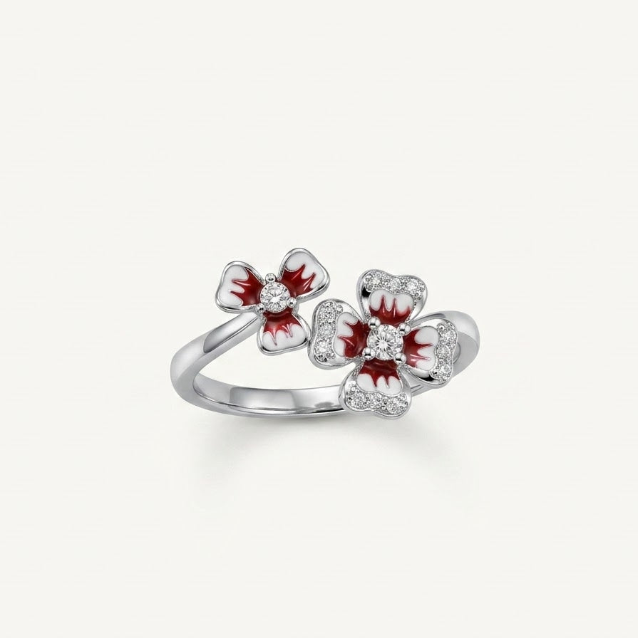 Elegant Silver Floral Enamel Ring with Crystal Accents for Women
