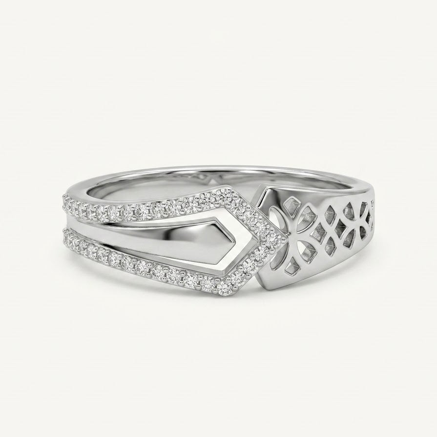 Elegant Silver Double Band Ring with Geometric Pavé Design