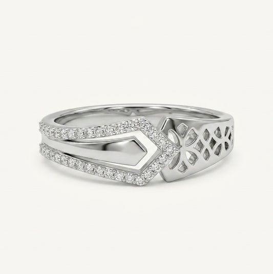 Elegant Silver Double Band Ring with Geometric Pavé Design
