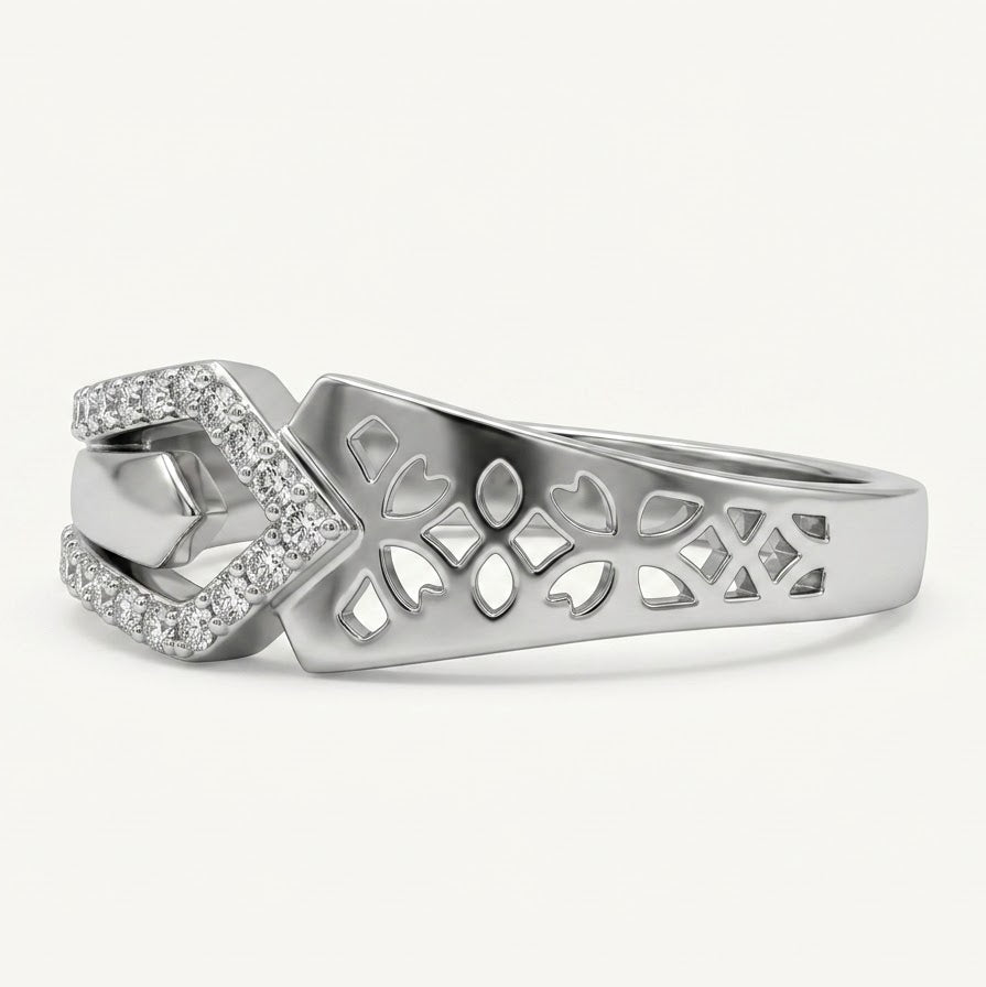 Elegant Silver Double Band Ring with Geometric Pavé Design