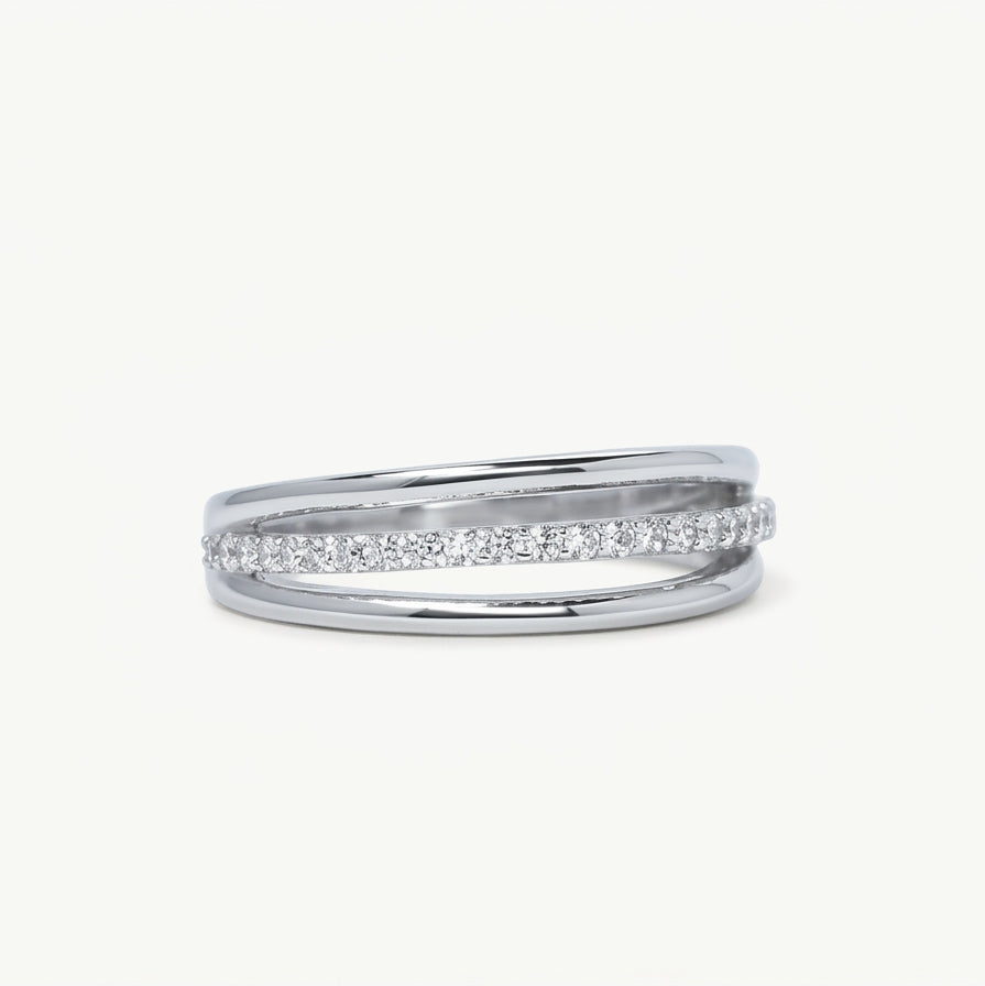 Elegant Silver Double Band Pavé Ring with Sparkling Clear Stones