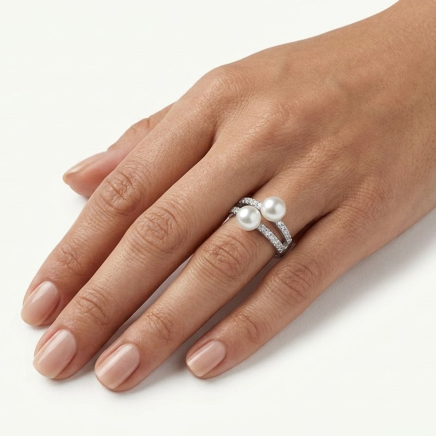 Elegant Double Pearl Crystal Ring for Women – Silver Tone