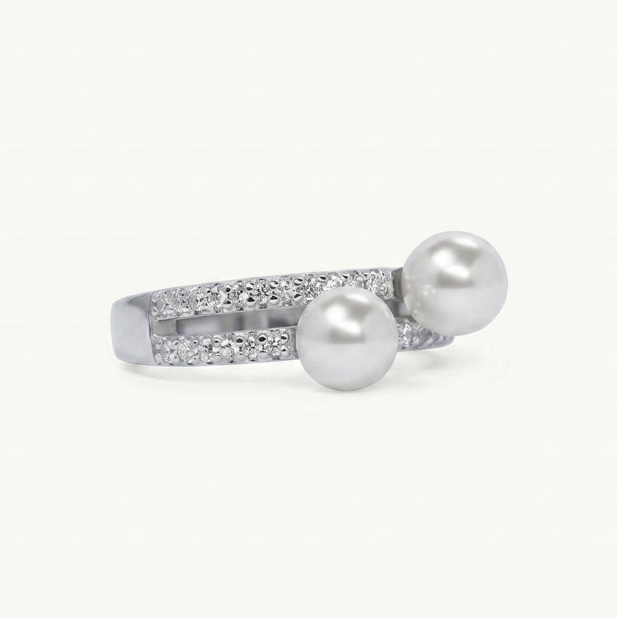 Elegant Double Pearl Crystal Ring for Women – Silver Tone
