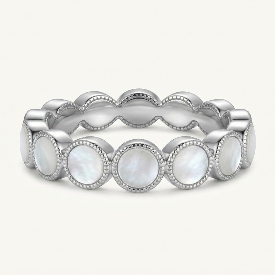 Elegant White Mother of Pearl Style Round Stone Eternity Band Ring for Women