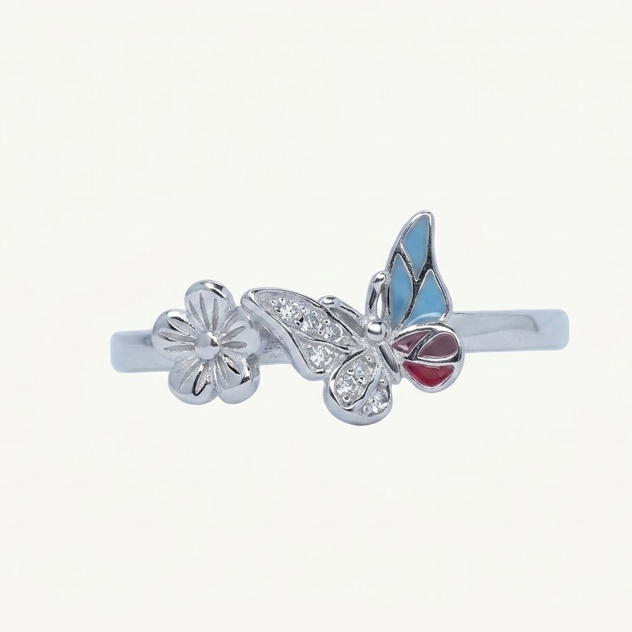 Elegant Silver Butterfly & Flower Ring with Blue and Pink Enamel Accents