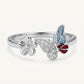 Elegant Silver Butterfly & Flower Ring with Blue and Pink Enamel Accents