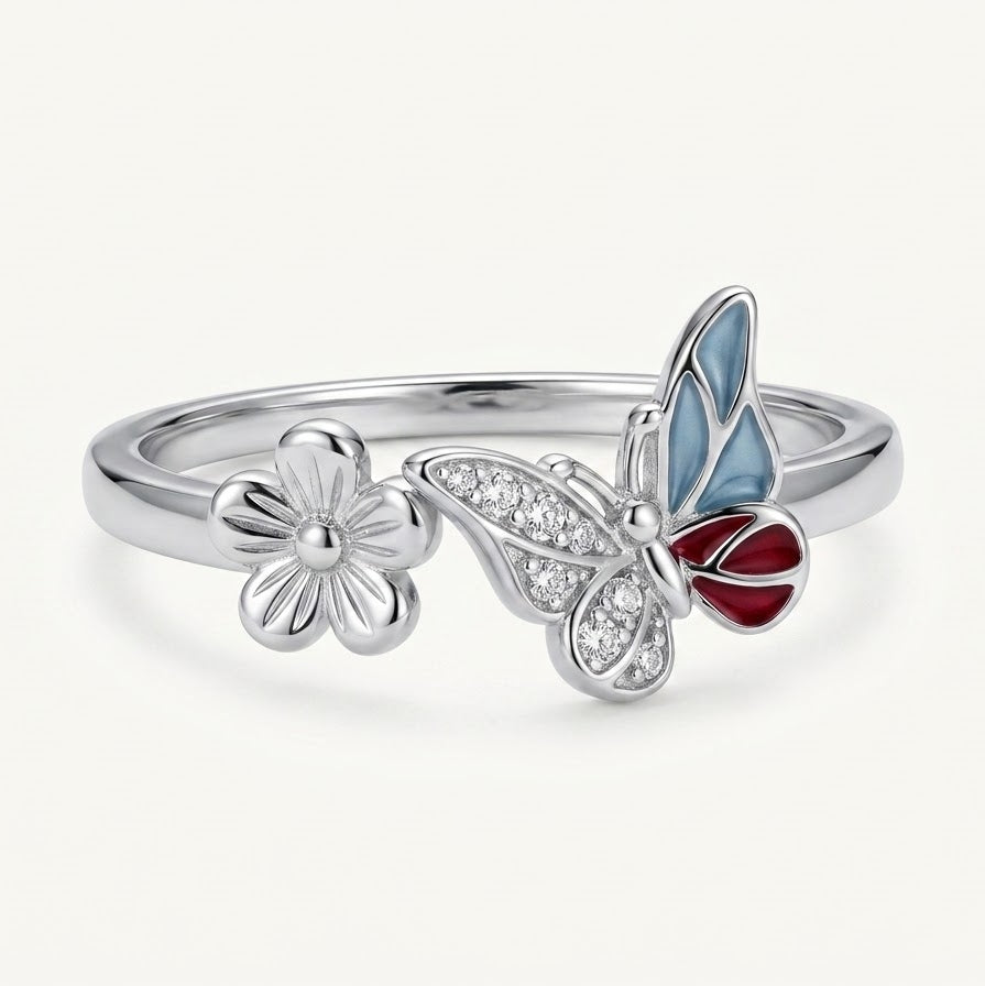 Elegant Silver Butterfly & Flower Ring with Blue and Pink Enamel Accents