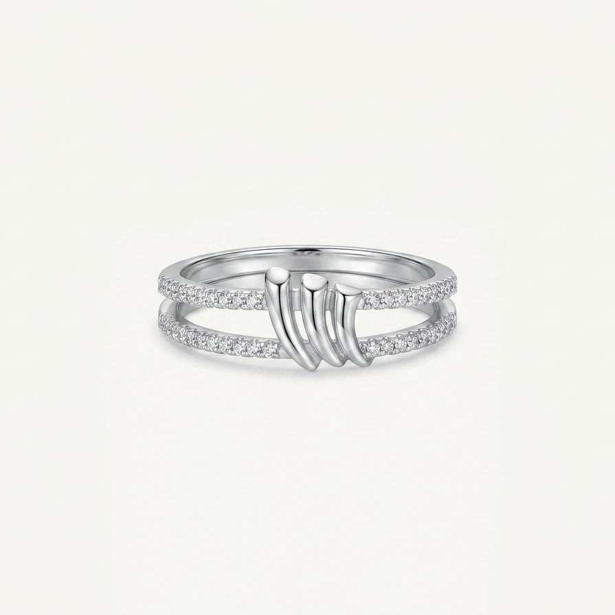 Elegant Silver Double Band Ring with Sparkling Stone Detailing