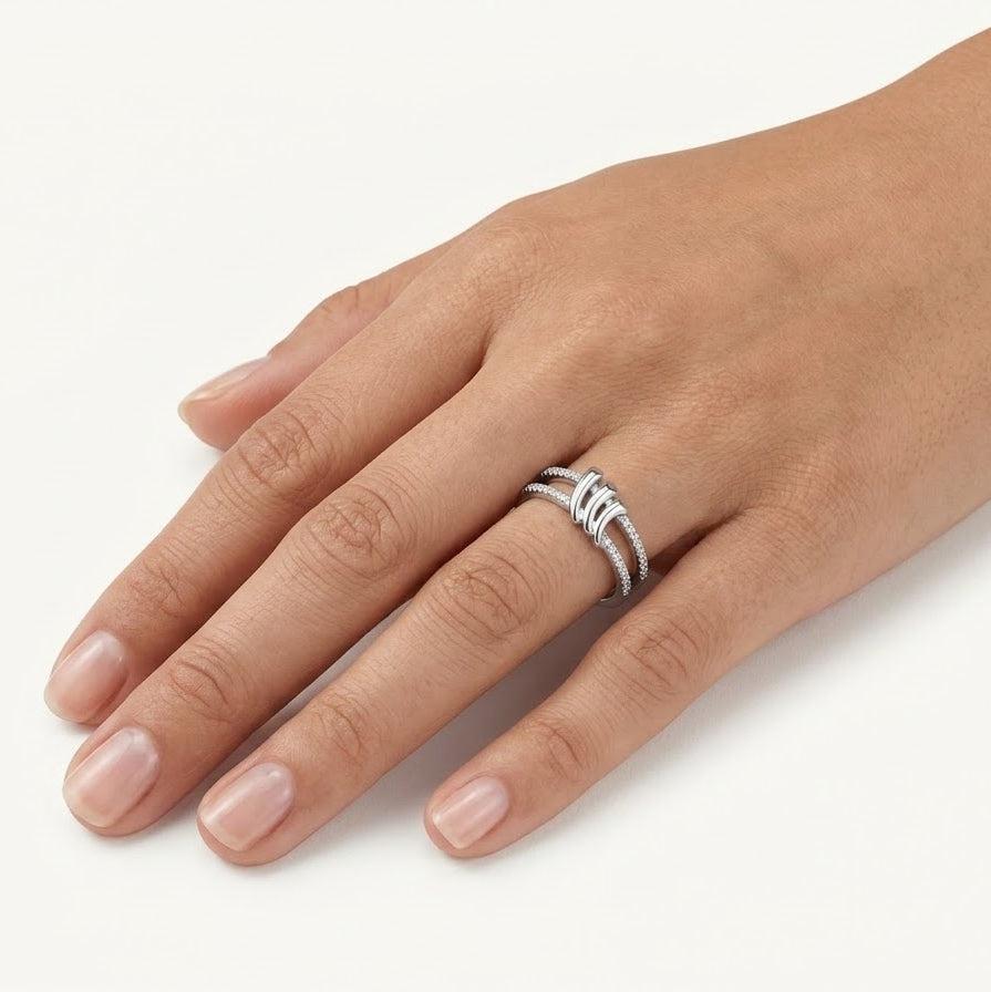 Elegant Silver Double Band Ring with Sparkling Stone Detailing