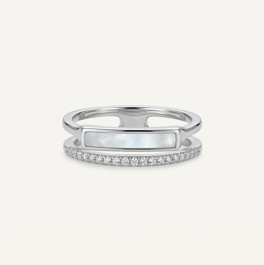 Elegant Mother of Pearl & Crystal Open Double Band Ring for Women