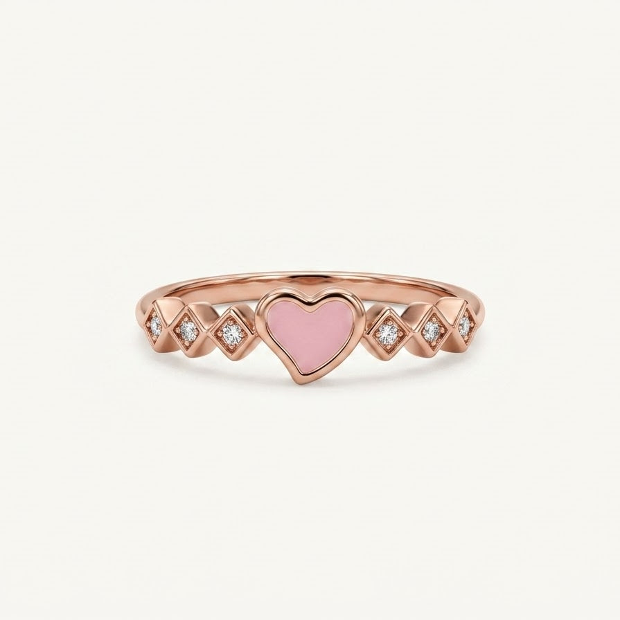 Elegant Rose Gold Heart Ring with Pink Enamel Detail