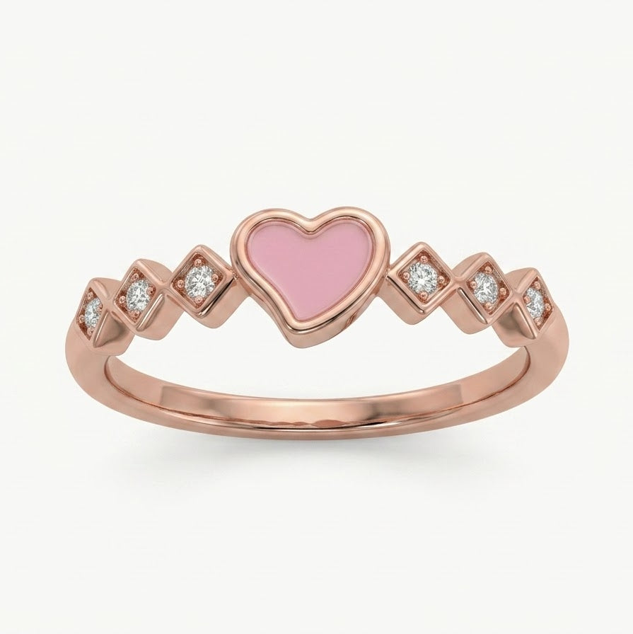 Elegant Rose Gold Heart Ring with Pink Enamel Detail