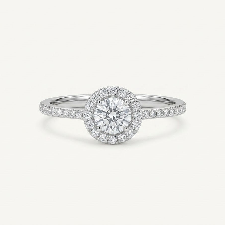 Elegant Round Halo Pavé Ring with Brilliant Clear Centre Stone