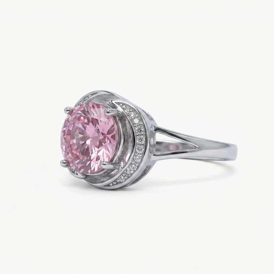 Elegant Pink-Purple Halo Crystal Solitaire Ring for Women