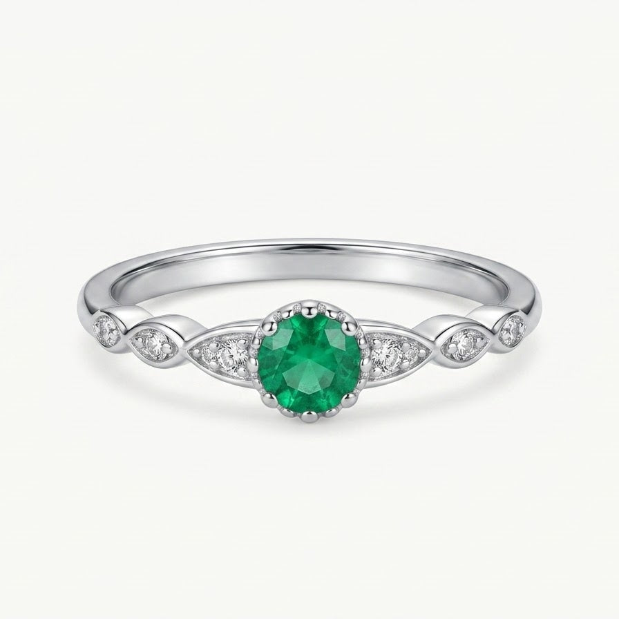 Elegant Green Emerald-Style Round Cluster Ring with Sparkling Stone Accents