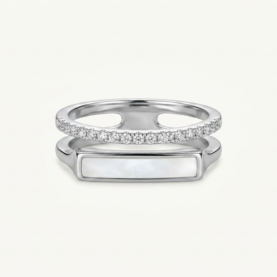 Elegant Mother of Pearl & Crystal Open Double Band Ring for Women