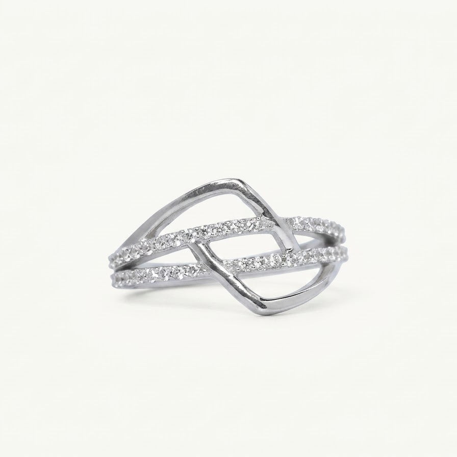 Elegant Silver Openwork Ring with Double Sparkling Bands