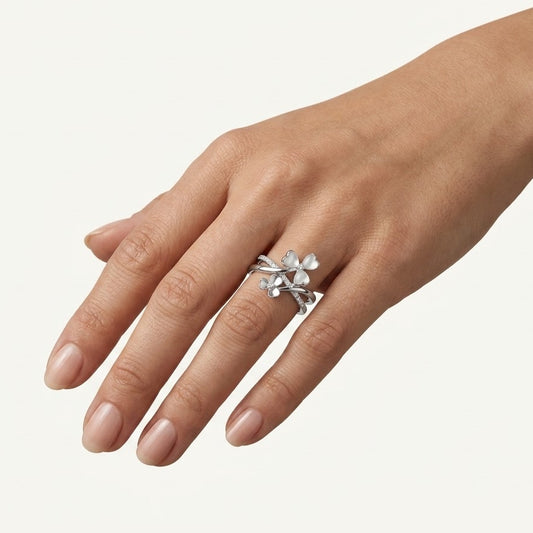 Elegant Heart Blue Stone & Floral Pavé Ring for Women