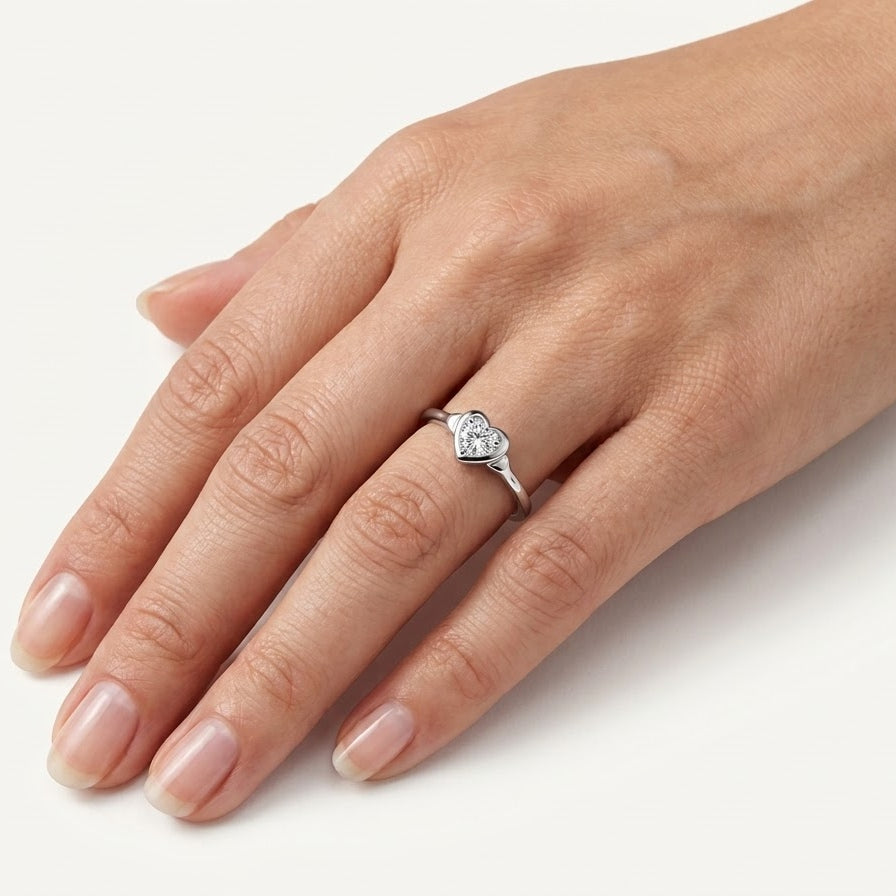 Elegant Heart-Shaped Crystal Ring with Polished Silver-Tone Band