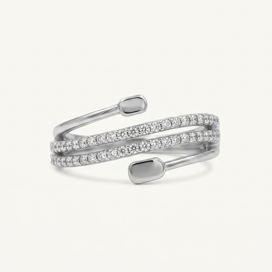 Elegant Silver Double Row Sparkling Open Ring