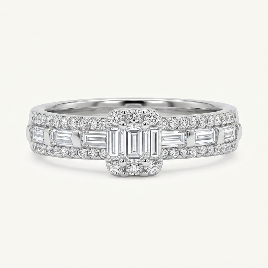 Elegant Baguette & Round Stone Halo Statement Ring for Women