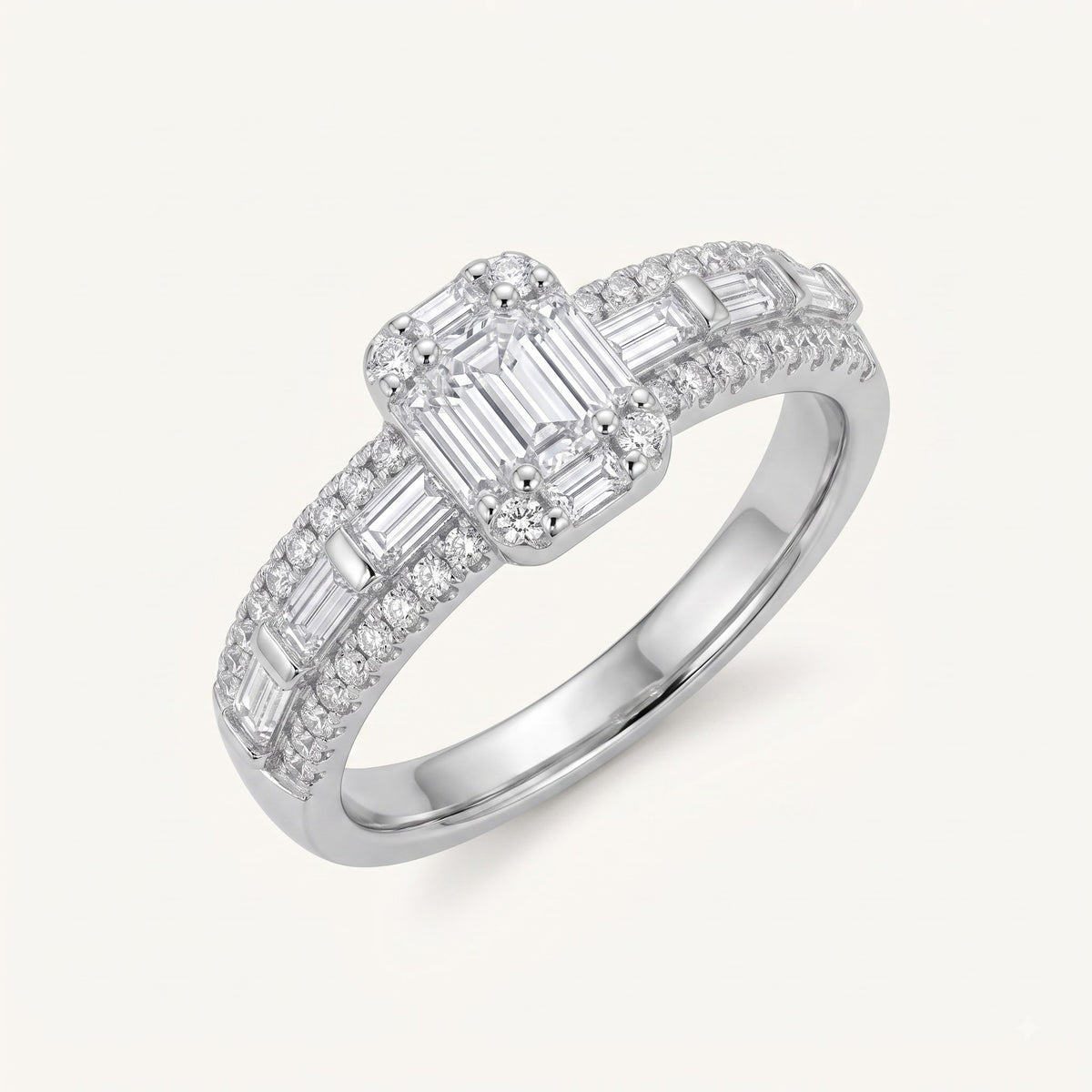 Elegant Baguette & Round Stone Halo Statement Ring for Women