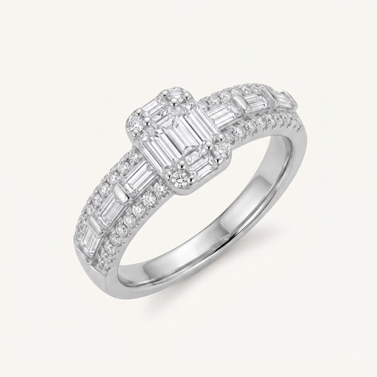 Elegant Baguette & Round Stone Halo Statement Ring for Women