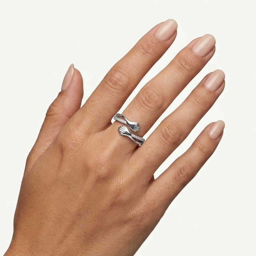 Elegant Silver Helping Hands Open Ring with Sparkling Stones
