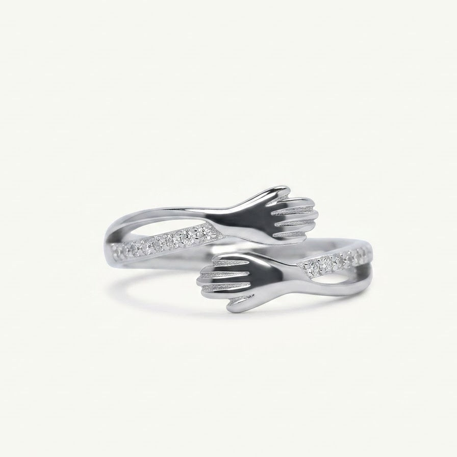 Elegant Silver Helping Hands Open Ring with Sparkling Stones