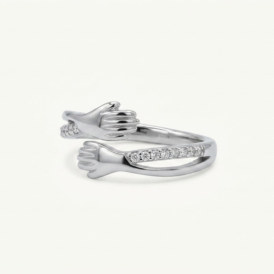 Elegant Silver Helping Hands Open Ring with Sparkling Stones