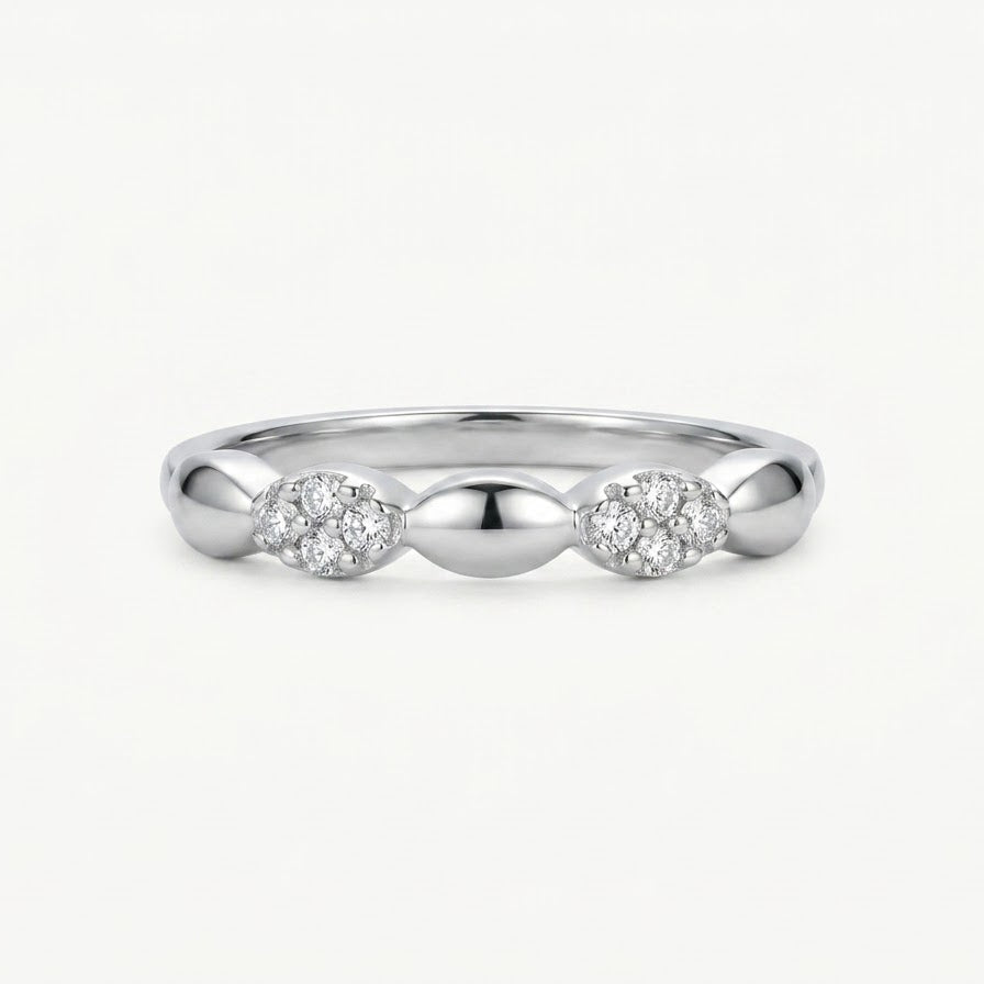 Elegant Silver Beaded Ring with Sparkling Pavé Stone Clusters