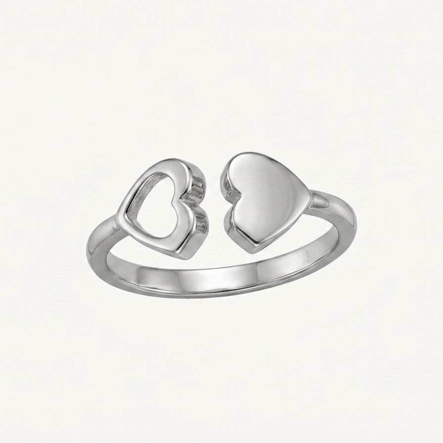 Elegant Silver Double Heart Open Ring for Women