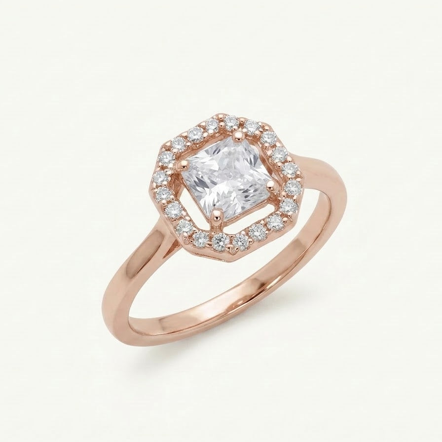 Rose Gold Cushion Halo Ring with Sparkling Stone Border