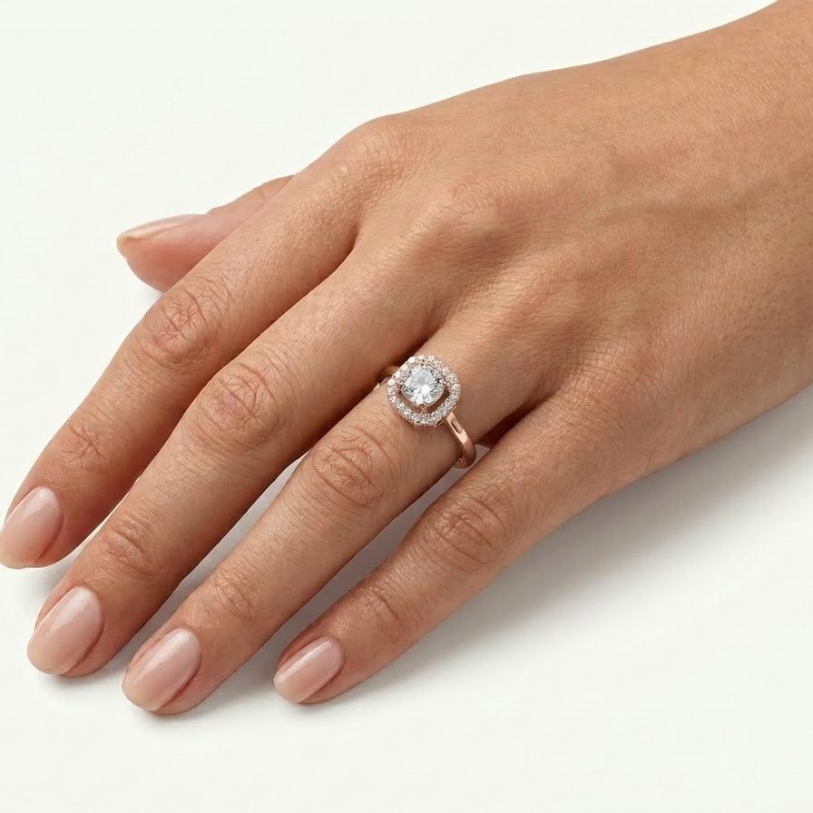 Rose Gold Cushion Halo Ring with Sparkling Stone Border
