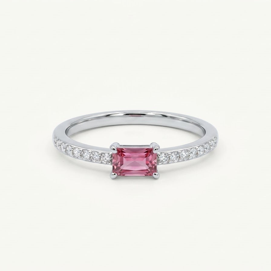 Elegant Pink Emerald-Cut Gemstone Silver Ring with Crystal Accent