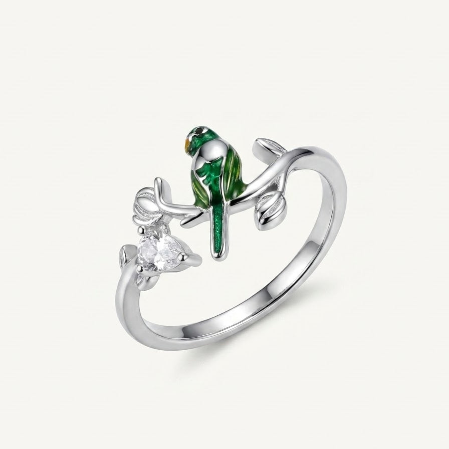 Elegant Silver Lizard & Crystal Ring with Green Enamel Detailing