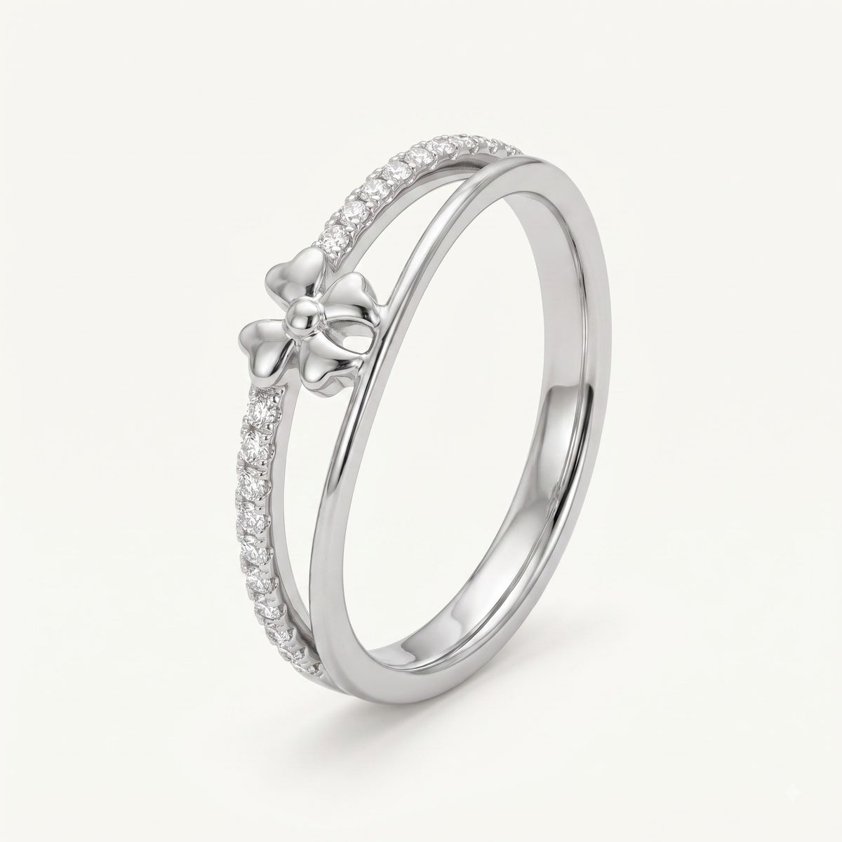 Elegant Bow Double-Band Silver Ring with Sparkling Crystal Accents