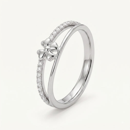 Elegant Bow Double-Band Silver Ring with Sparkling Crystal Accents