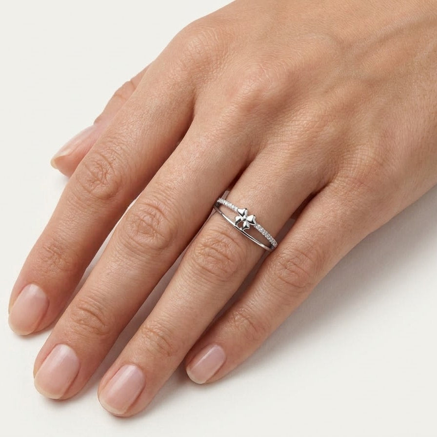 Elegant Bow Double-Band Silver Ring with Sparkling Crystal Accents