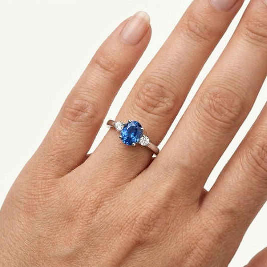 Silver Blue Sapphire-Style Oval Ring with Crystal Accents