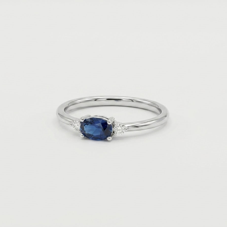 Silver Blue Sapphire-Style Oval Ring with Crystal Accents