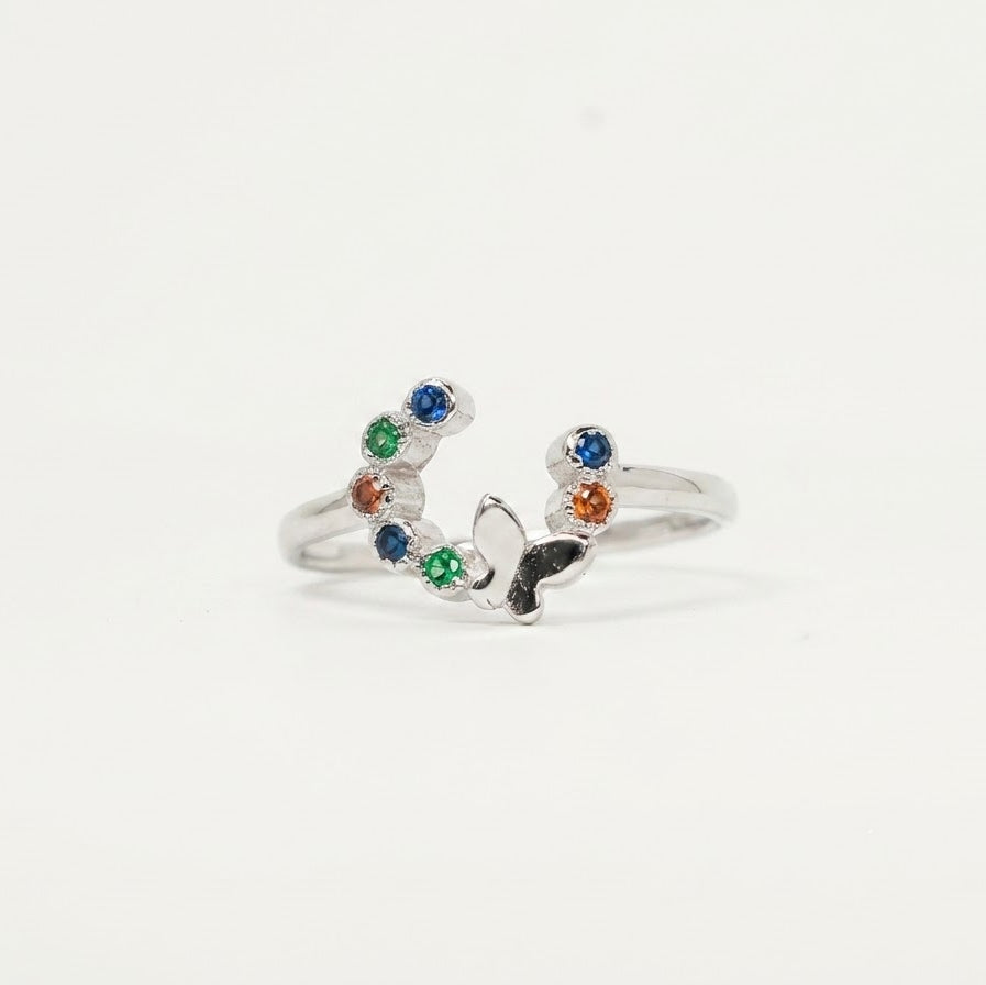 Silver Open Heart Ring with Multicolour Gemstone Accents